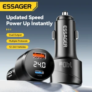 ESSAGER ES-CC19 140W 2-Port USB PD Car Charger USB-A+Type-C Support PD3.1 QC3.0 AFC FCP SCP PPS Fast Charging with Digital Display for iPhone 16 15 Pro 14 13 12 Pro Max for Samsung Galaxy Z Flip6 for Xiaomi 15pro for Huawei Mate XT